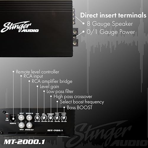 Miniatura 4 de STINGER Audio MT20001 Monoblock 2000 Watt RMS Amplificador de subwoofer de audio para automóvil con control remoto de nivel de subwoofer, fuente de