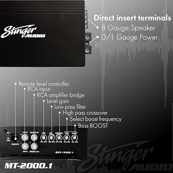 Stinger Audio MT20001 Compact Digital Class D Monoblock 2000W RMS Car Audio Subwoofer Amplifier with Remote Control Bass Knob, Bass Boost, HEXFET MOSFET, Low-Pass Crossover, Subsonic Filter
