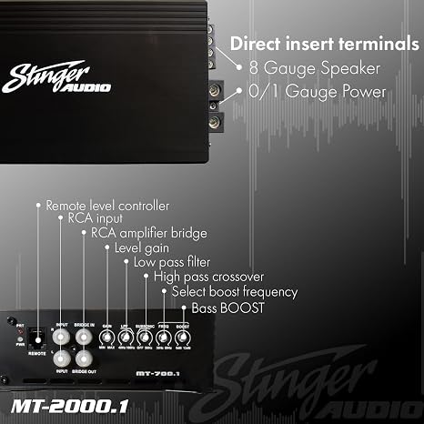 Stinger Audio MT20001 Compact Digital Class D Monoblock 2000W RMS Car Audio Subwoofer Amplifier with Remote Control Bass Knob, Bass Boost, HEXFET MOSFET, Low-Pass Crossover, Subsonic Filter