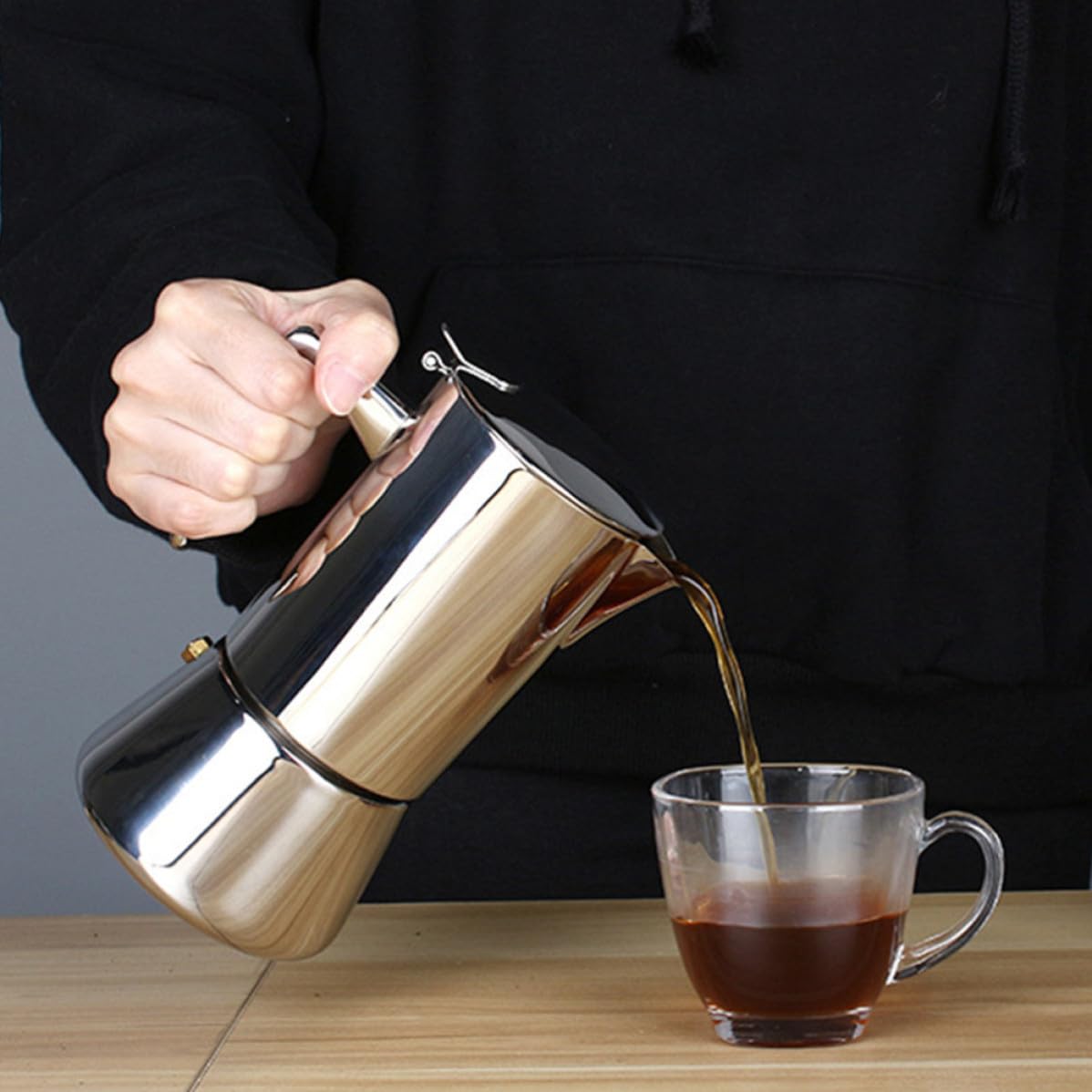 Cafetera Espresso de Acero Inoxidable de 200ml Mango Ergonómico y Apta para Cocinas de Inducción Adecuado para Uso en Casa y Hotel