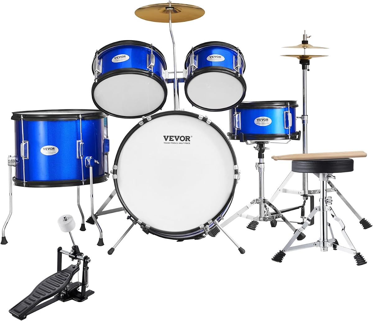 Kids Drum Set, 5-Piece, 16 in Beginner Full Drum Set with Bass Toms Snare Floor Drum Adjustable Throne Cymbal Hi-Hat Pedal and Two Pairs of Drumsticks, Starter Drum Kit for Child Kids, Blue