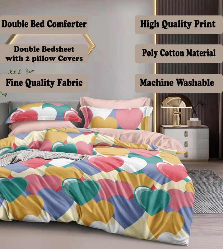 Image of Polycotton Printed 120 TC Comforter & Bedsheet Double Bed Bedding Set, Queen Size (90x100 inch), Green & Multi, 4 Pieces