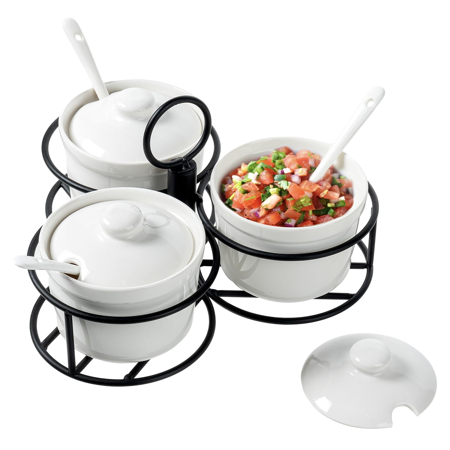 MyGift 10 Pc Set Ceramic Ramekin Condiment Dip Bowl with Lids and Spoons and Deluxe Modern Black Metal Wire Serving Rack for Sauces and Condiments