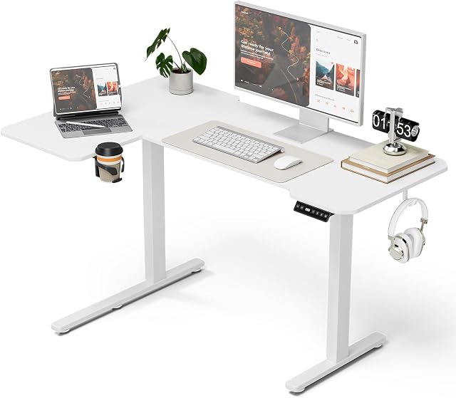 Acrolix L Shaped Standing Desk 51 inch Electric Height Adjustable Desk, Reversible Study Writing Gaming Computer Desks with Splice Board, Sit Stand Table for Home Office, White