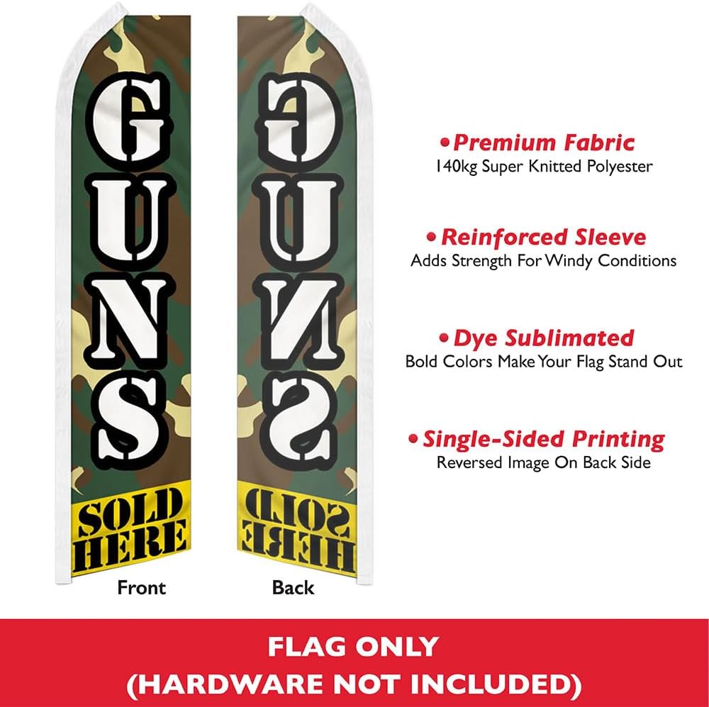 Guns Sold Here Swooper Advertising Flag - Perfect for Gun Shop, Army Surplus, Tactical Store, Gun Shows