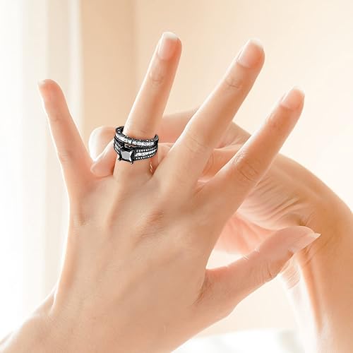 Miniatura 2 de Juego de 2 anillos de compromiso para mujer, anillo de boda con diamantes de imitación, anillo de aniversario, joyería elegante (negro, 6)
