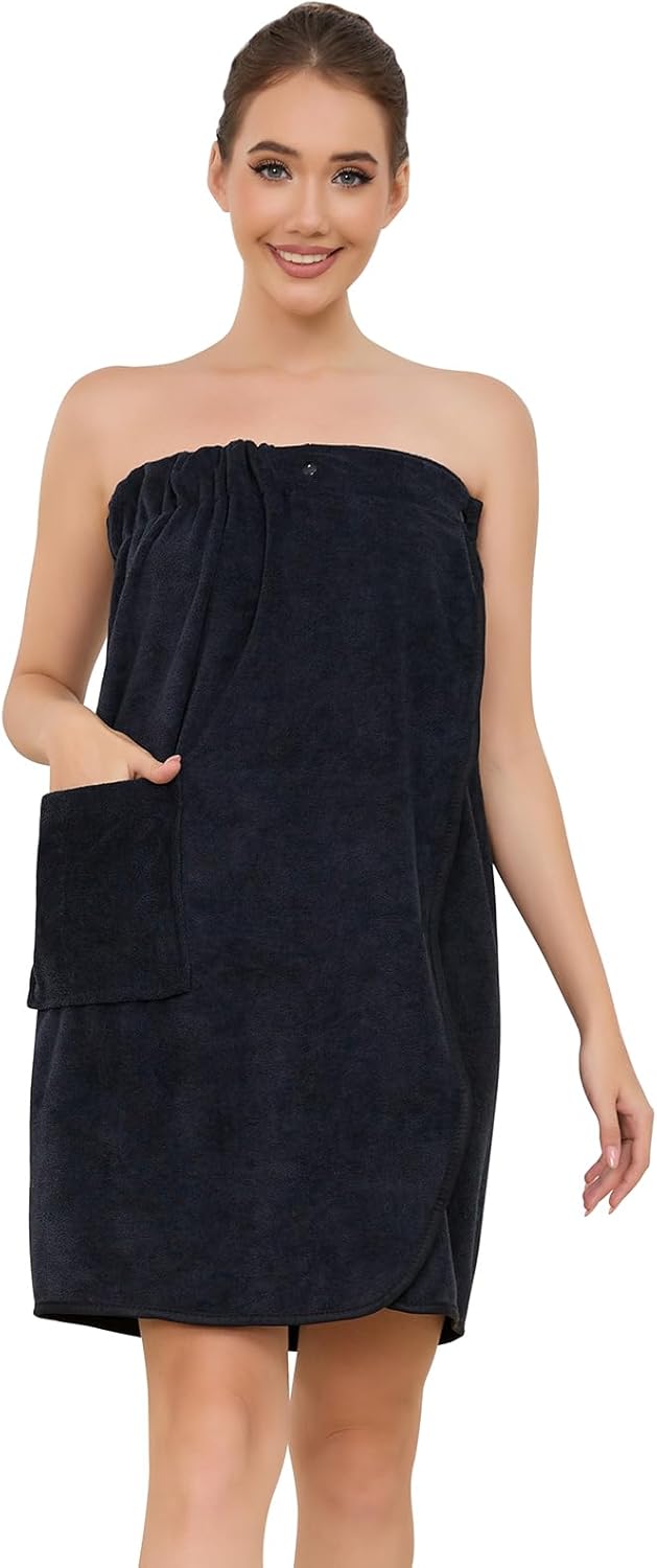 Air Curvey Women's Soft Wrap Towel Shower Wrap Robe Lightweight Spa Body Wrap Adjustable Closure Bathrobe With Pocket