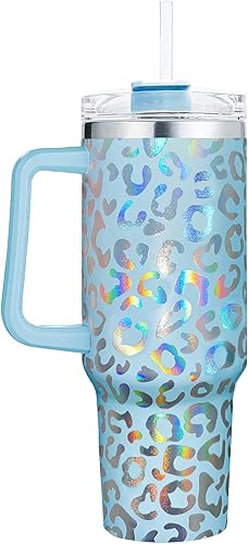 omezin Vaso de 40 onzas con asa, diseño holográfico de leopardo, con purpurina, 40 onzas, con tapa, popote con doble aislamiento, taza de café de