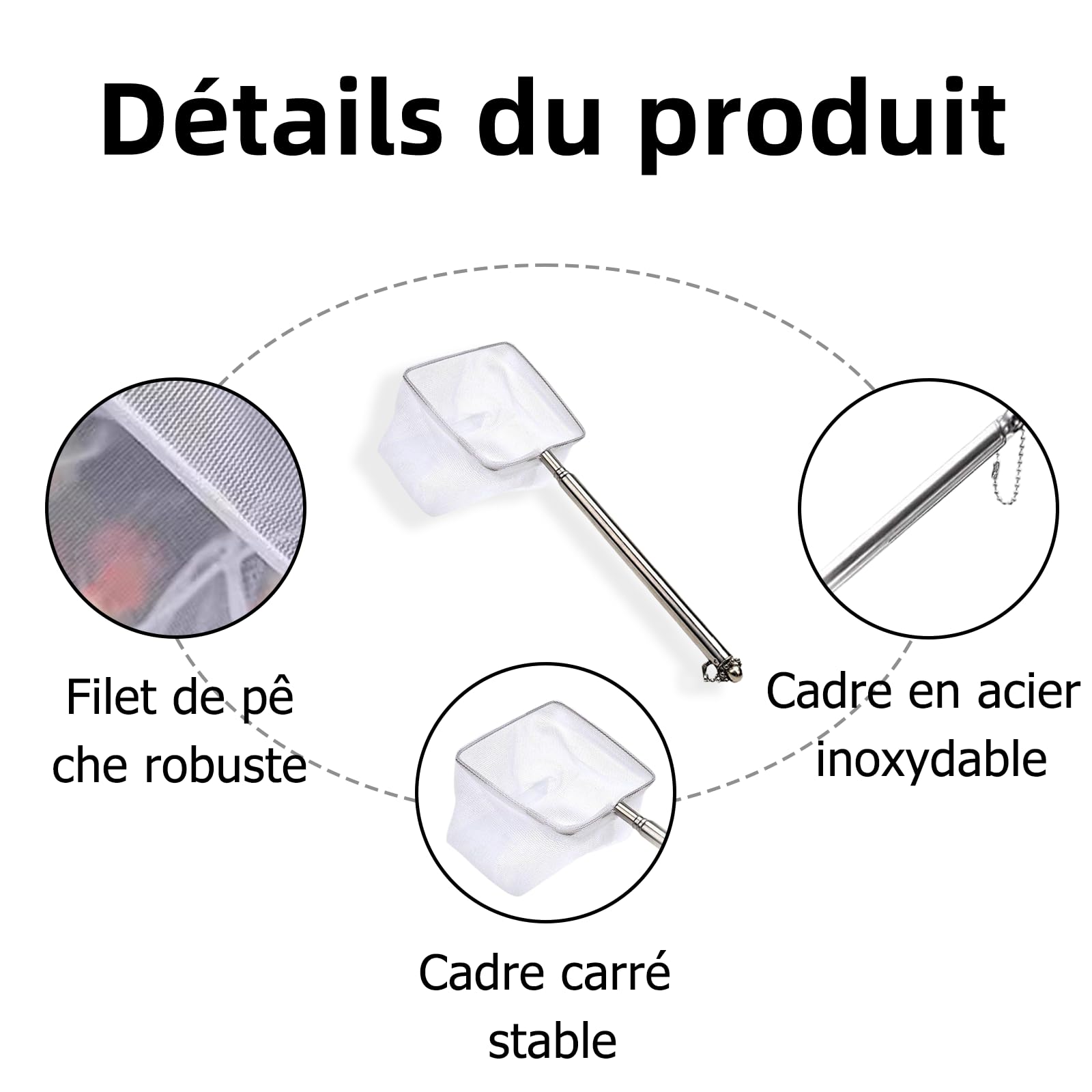 Épuisette Aquarium Télescopique Carrée en Nylon avec Manche en Acier Inoxydable Filet Fin pour Poissons Crevettes et Débris