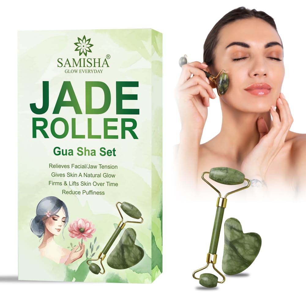 Gua Sha And Jade Roller – Gua Sha For Face, Relieves Facial And Jaw Tension, Guasha And Jade Roller For Massage, Gives Skin Natural Glow, Firms & Lifts Skin Over Time, Reduces Puffiness by Samisha
