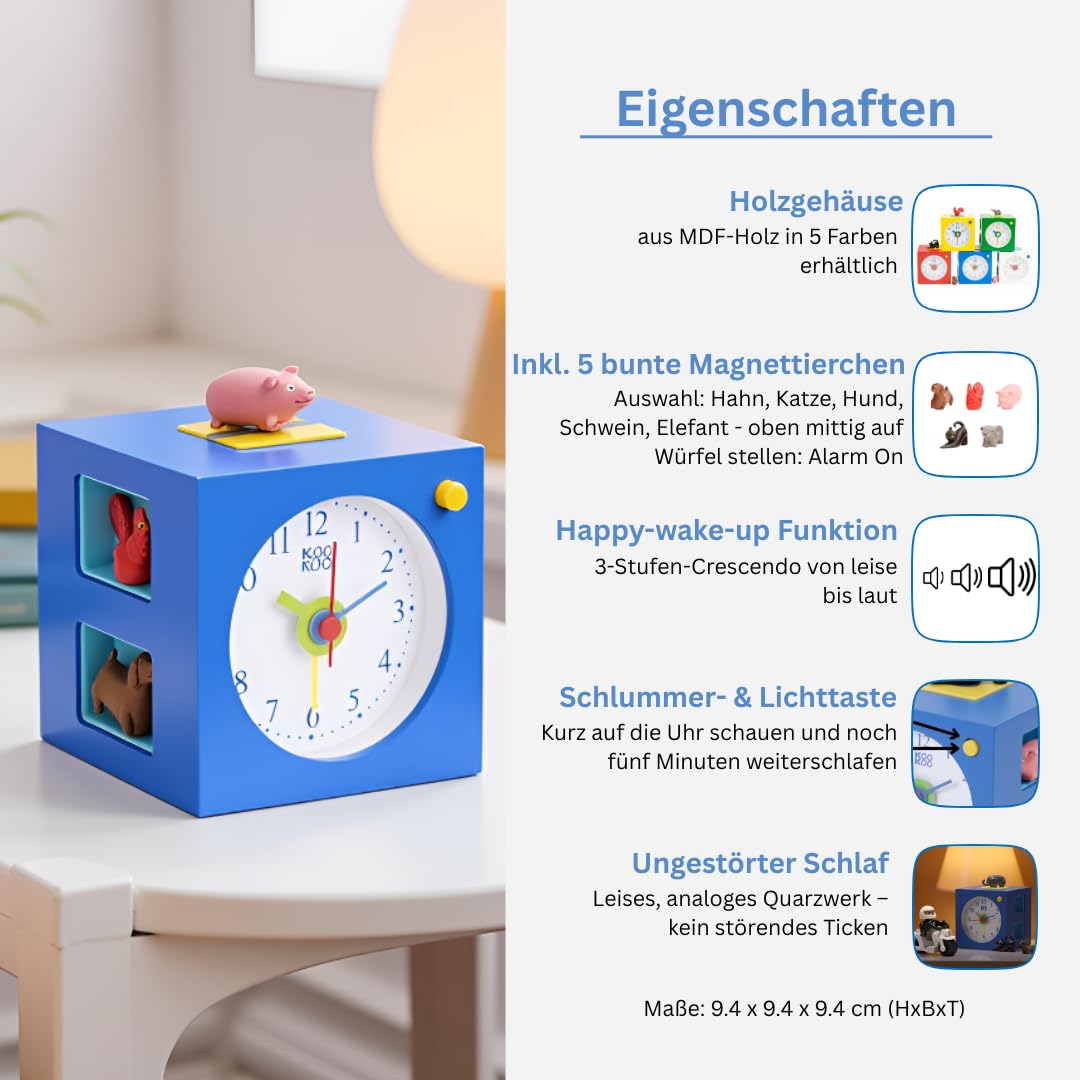 KOOKOO KidsAlarm Blau, Kinderwecker mit 5 Bauernhoftieren und echten Aufnahmen