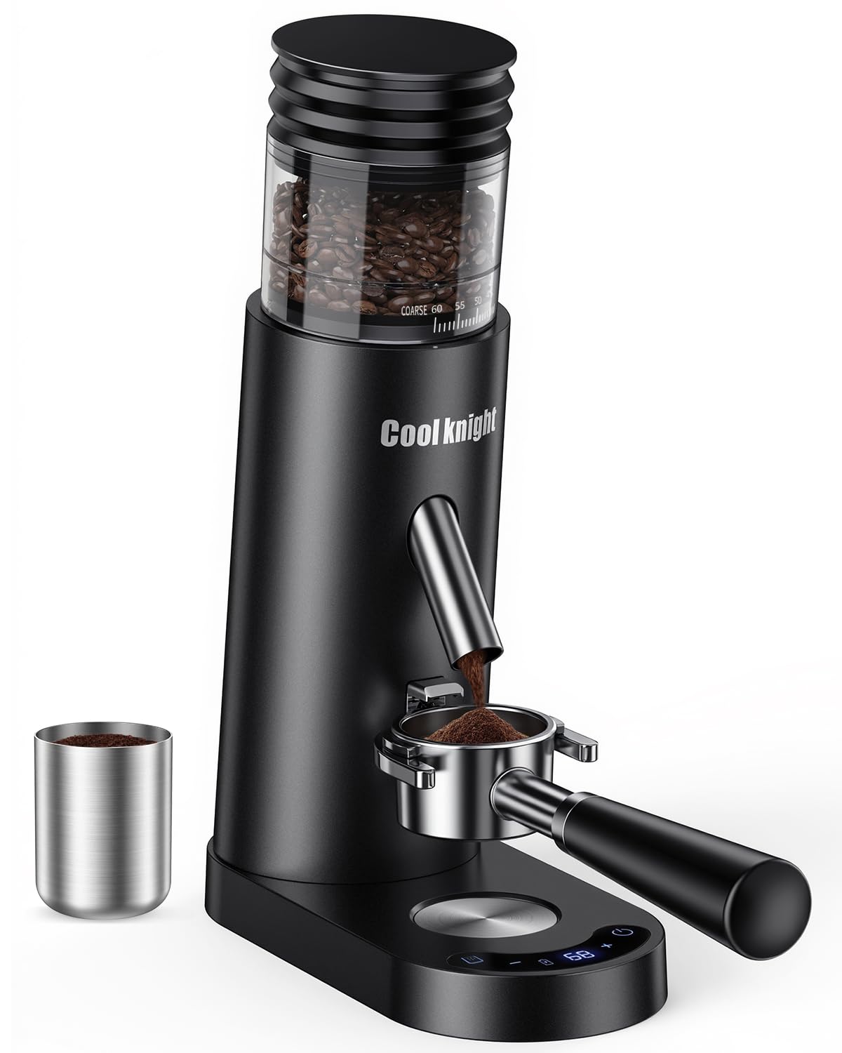 COOL KNIGHT Molinillo de café cónico recargable, 60 ajustes de molienda y temporizador de 5 a 98 niveles, molinillo de espresso con tolva de fuelle y soporte para portafiltro, fácil de limpiar