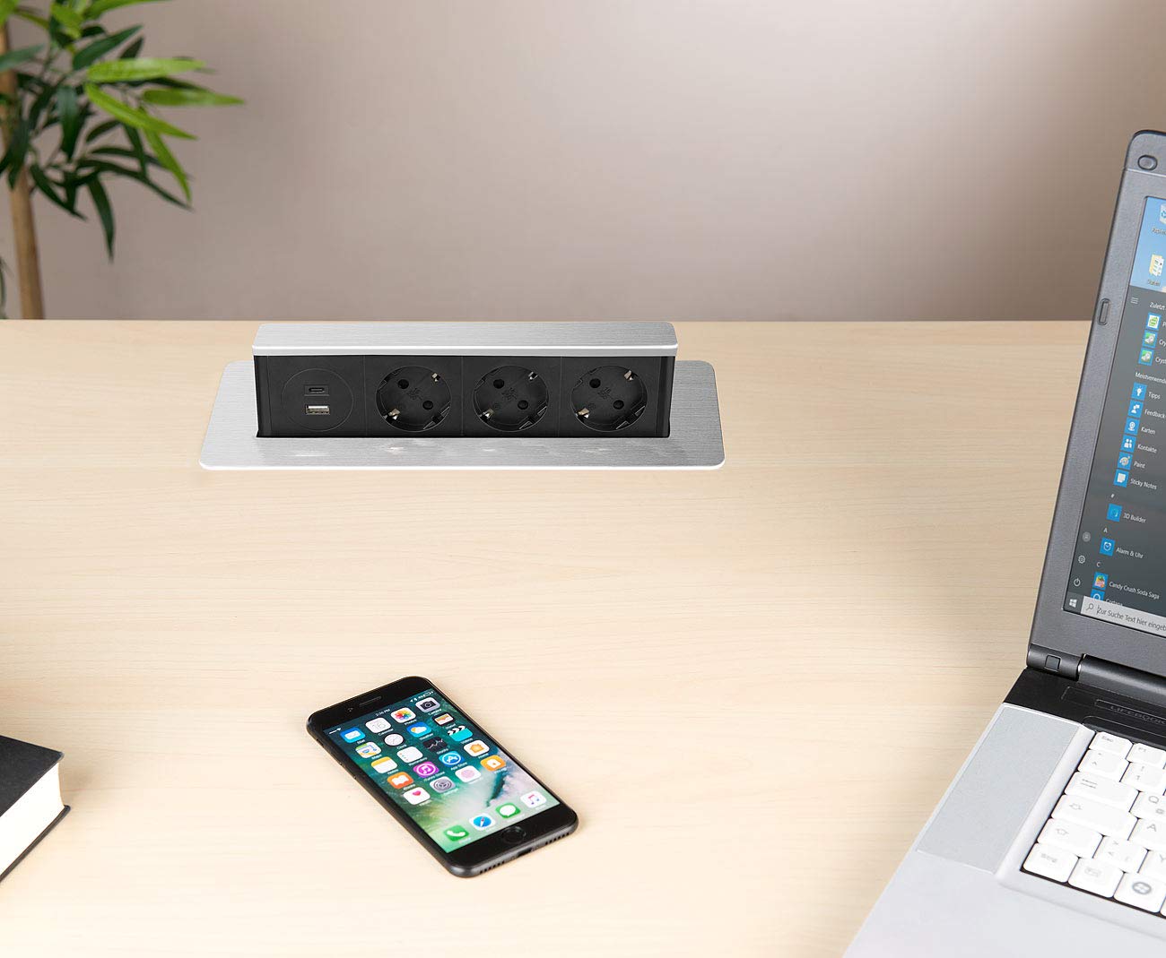 revolt USB Hub versenkbar: Versenkbare 3-Fach Einbau-Tischsteckdose, USB-C, PD & QC 3.0, Silber (Steckdosenleiste versenkbar, Versenkbare Steckdose mit c, Tablet)