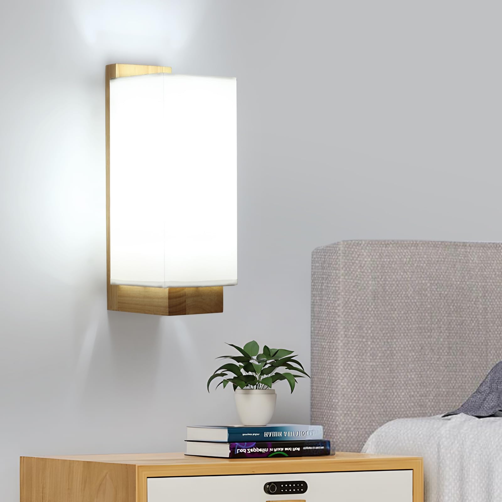 DELIPOP Wall Lights Indoor Fabric, Square Wall Lamps with Wooden Base, E27 Wall Lighting Fixtures for Bedside Bedroom Living Room Corridor Dining Room Hallway