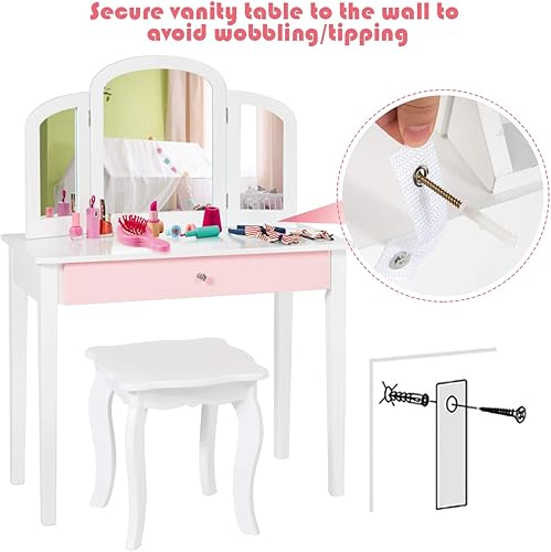 Miniatura 6 de Costzon Mesa de tocador para niños, tocador de maquillaje de princesa con cajón y espejo de tres pliegues, juego de tocador 2 en 1 con parte