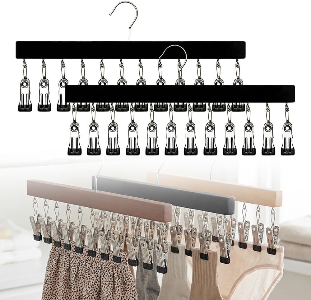 Closet Organizer with 10 Clips, Space Saving Hanging Organizer, Heavy-Duty Metal Frame, 360° Rotating Hook, Multi-Purpose Clothespins for Pants, Skirts, Scarves, Socks, Belts (Black-2pcs)