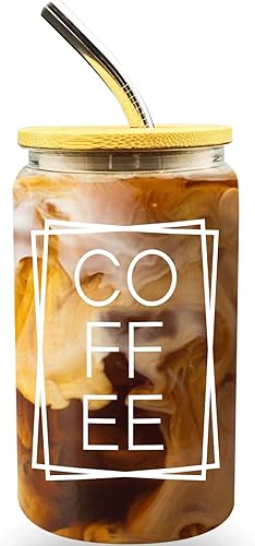 BFTETYU Taza de café helado de 16 onzas con tapas de bambú y pajilla, tazas de vidrio en forma de lata de cerveza, vaso de café con forma de lata,