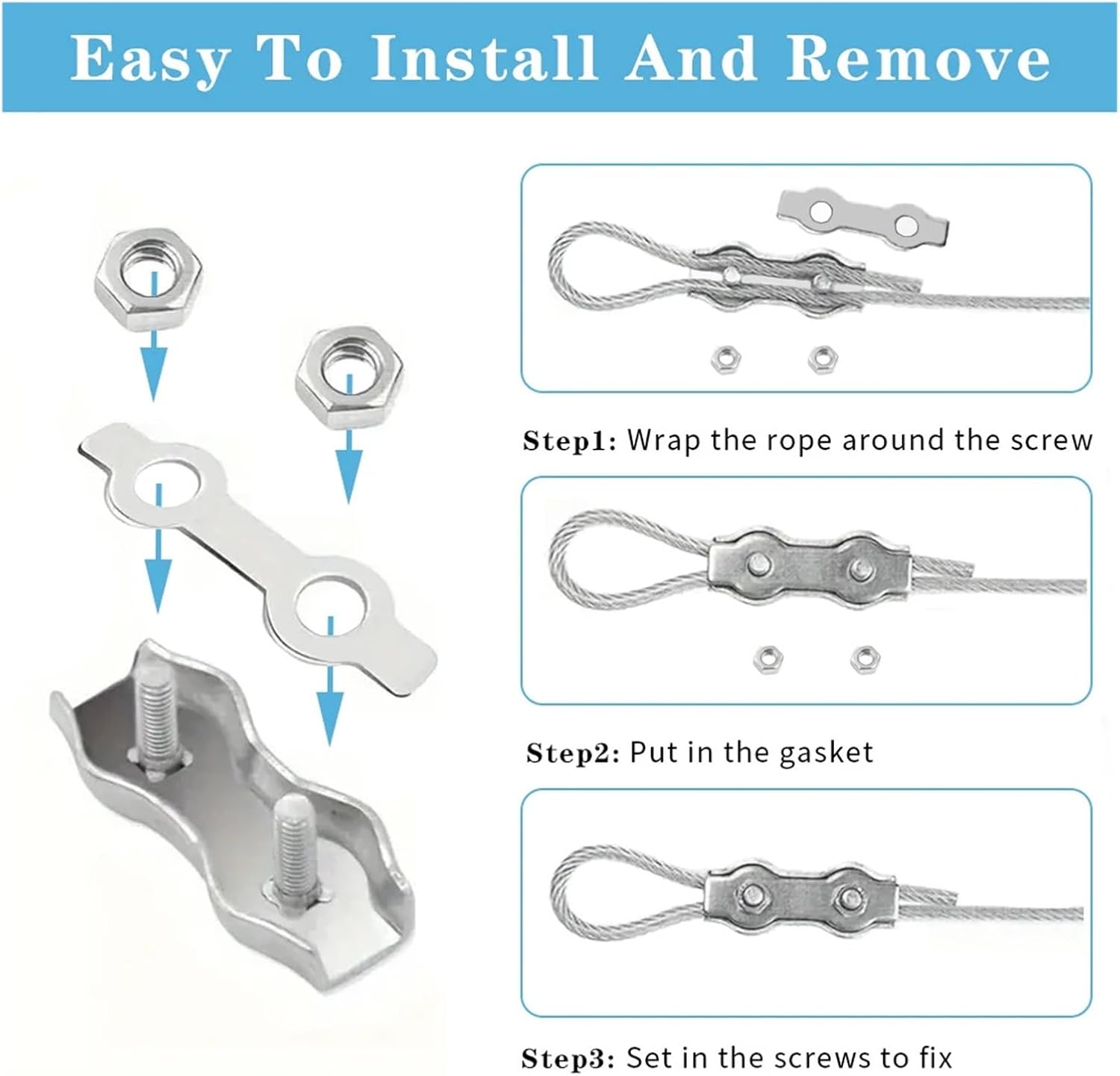 M2-M8 Stainless Steel Double Post Bolt Clip Wire Rope Cable Clamp - Durable DIY Fastener for Secure Grip(M4-10pcs)