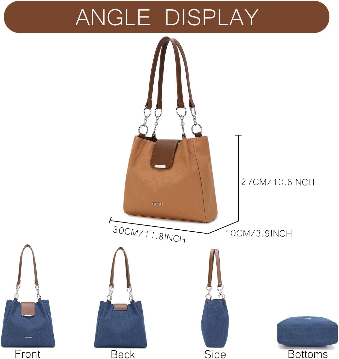 BESMART Denim Canvas Tote Bag Shoulder Bags for Women, Women's Handbag with Circle Chain, Female Satchel for Daily/Commuter - Image 6