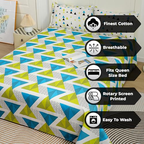 Image of Story@Home 144 TC Cotton Queen Size Bedsheet 88 x 100 Inche Geometric Printed Soft Flat Sheet with 2 Pillow Covers 18 x 28 Inch -Green & Blue