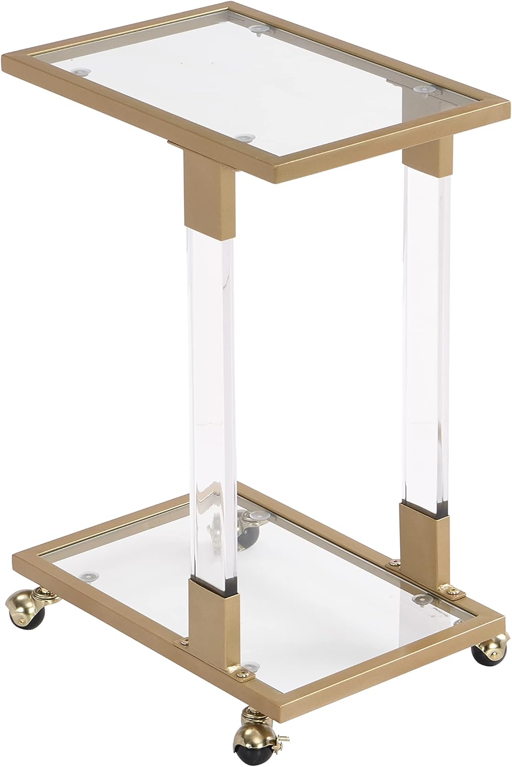 Yoluckea Mobile Sofa Side Table Acrylic End Table C Shaped Snack Table On Wheels with Tempered Glass Shelves and Clear Acrylic Frame, Clear Rolling Table Breakfast Tray Table (Gold)