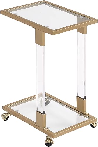 Miniatura 7 de Juego de 2 mesas auxiliares de cristal dorado, mesas laterales en forma de C con ruedas, mesa acrílica para sala de estar, mesa C para dormitorio,