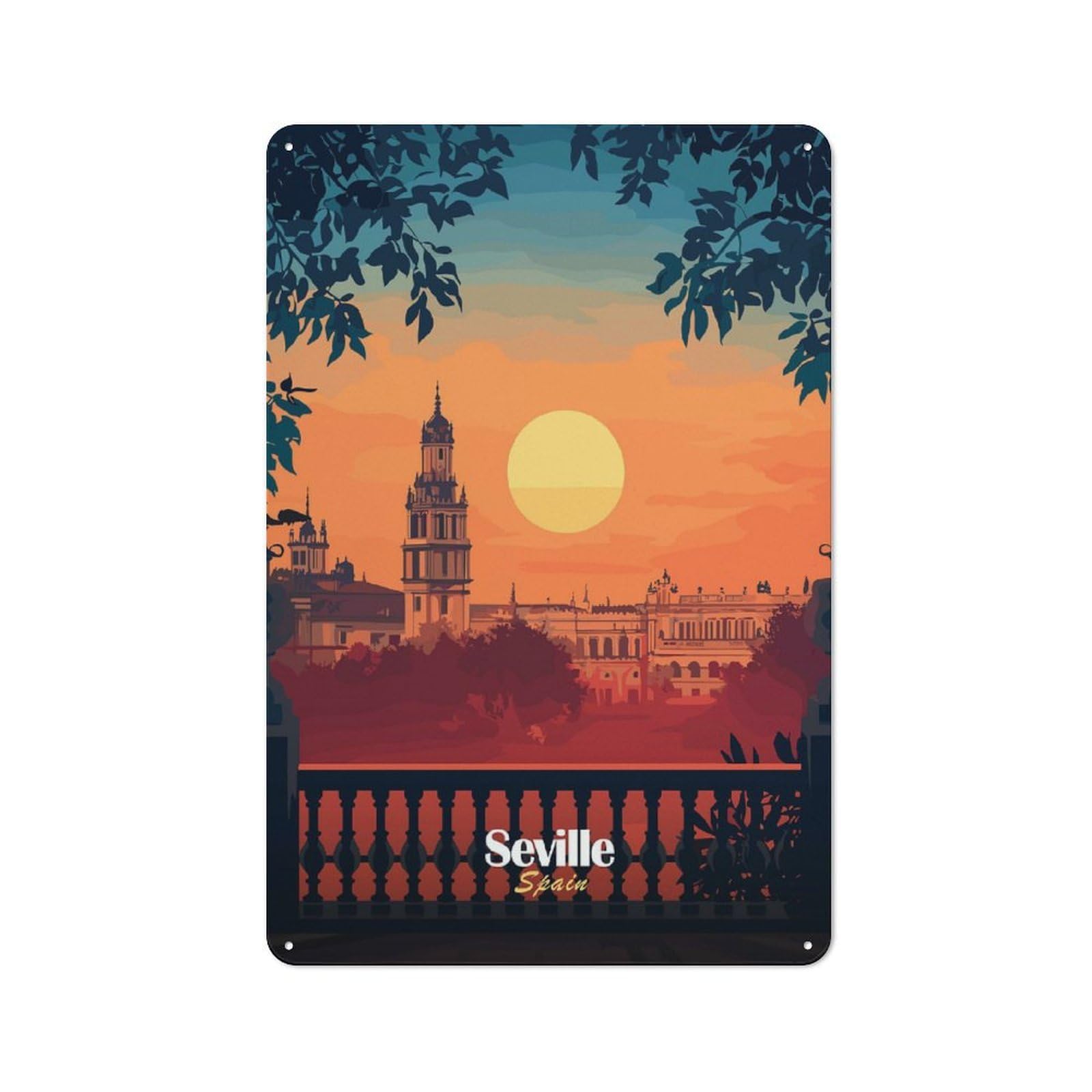 Junmoney Style-3 Seville Sunset Cityscape Retro Metal Wall Decor 30X20cm, Vintage Metal Sign For Coffee Bar, Small Shop Or Dining Room