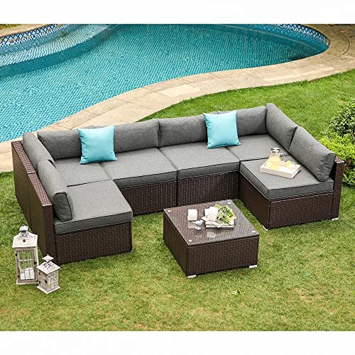 Image of DEVOKO Outdoor Conversation Wicker Patio Sofa Set Sectional Furniture with Coffee Table and Cushion for Lawn, Backyard, Poolside (Dark Brown and Grey)