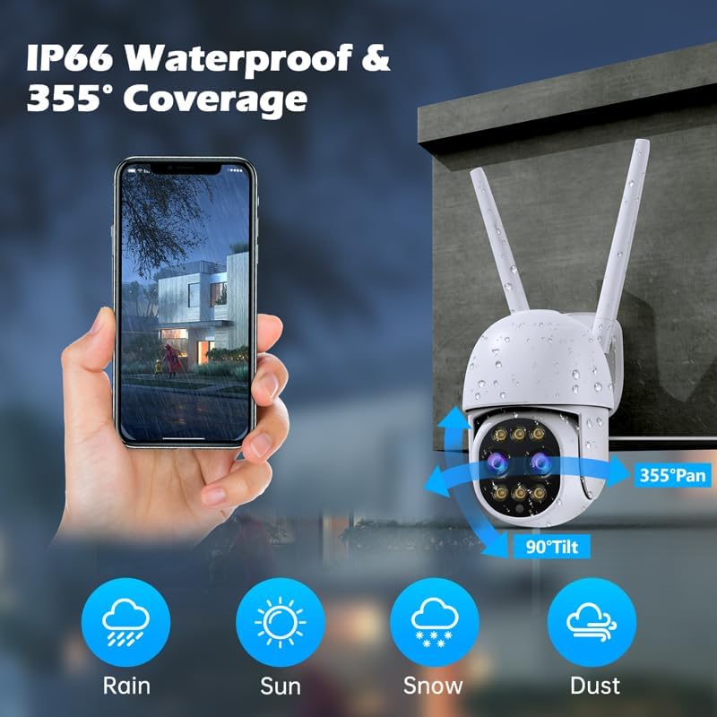 Miniatura 5 de Camcamp Cámara de seguridad de doble lente al aire libre, zoom híbrido 8X, visión nocturna a color, pantilt 355 cobertura, WiFi 2.4G