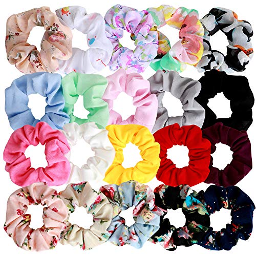 20 Pack Hair Scrunchies Hair Ties Elastic Hair Bands Scrunchy Hair Accessories for Women or Girls - 5 Solid Colored Chiffon,5 Flowered Chiffon, 5 Solid Colored Cotton, 5 Soft Flowered Cotton