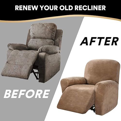 Vista 24 de PrinceDeco Funda para silla reclinable, fundas elásticas de terciopelo para sofá reclinable, estilo de 4 piezas, fundas para sillas reclinables