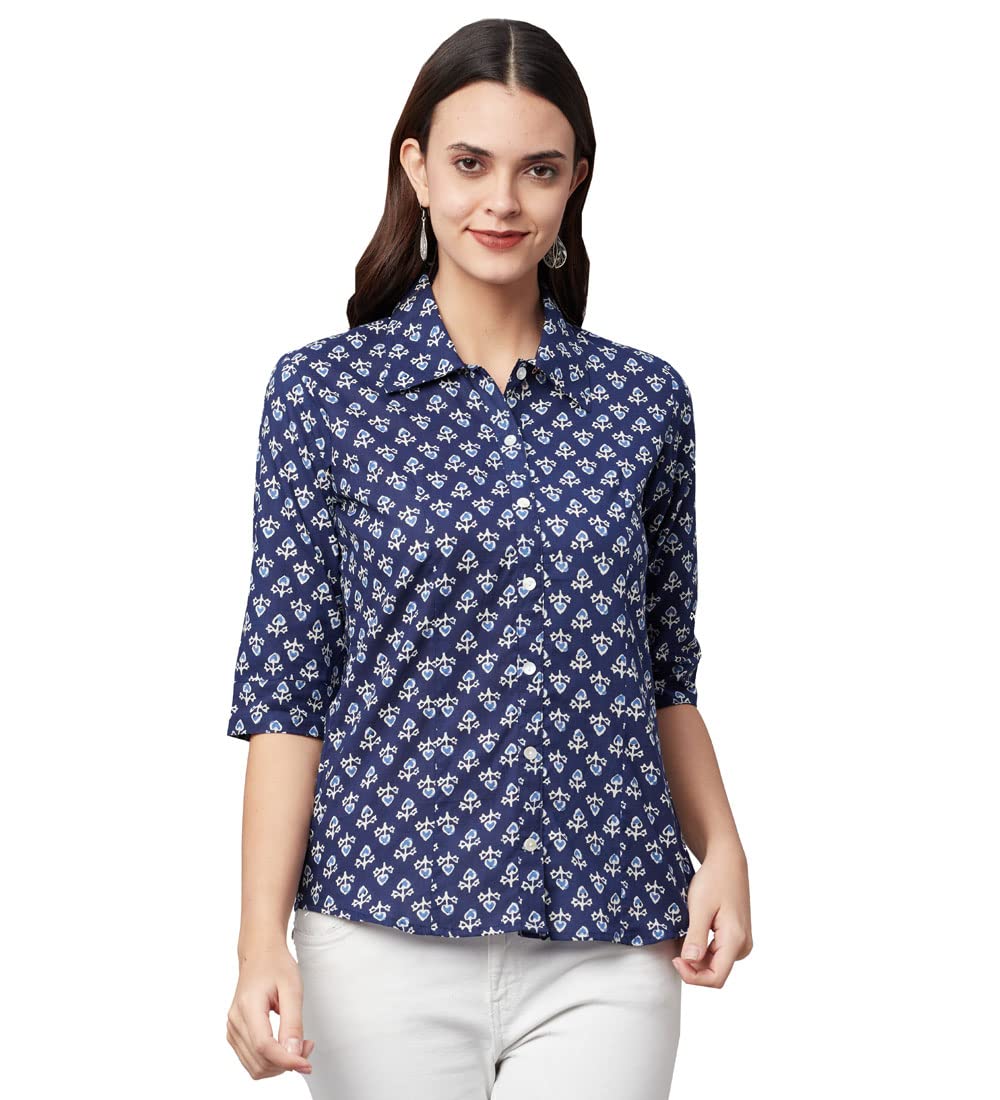 Indigo Block Printed Casual Women Shirts-image-40