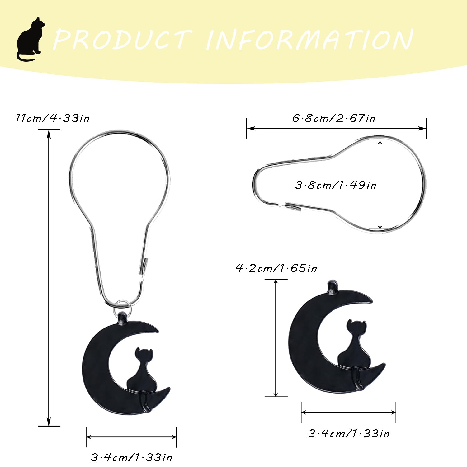 YRMLYMOP Shower Curtain Cat, 12 Pcs Blackcat Gothic Shower Curtain Cat Shower Curtain Hooks Rustproof Metal Shower Rings,Gothic Style Blackcat Theme Home Bathroom Decoration Cute Shower Curtain Hooks