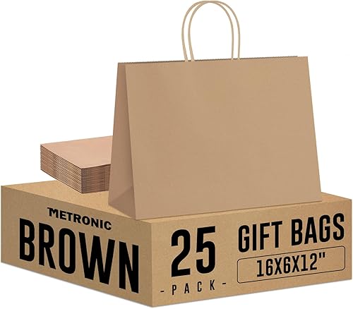 Miniatura 11 de Bolsas de regalo METRONIC con asas, 16x6x12 pulgadas, bolsas de papel marrón reciclables, 50 unidades, kraft, para compras de negocios y comestibles