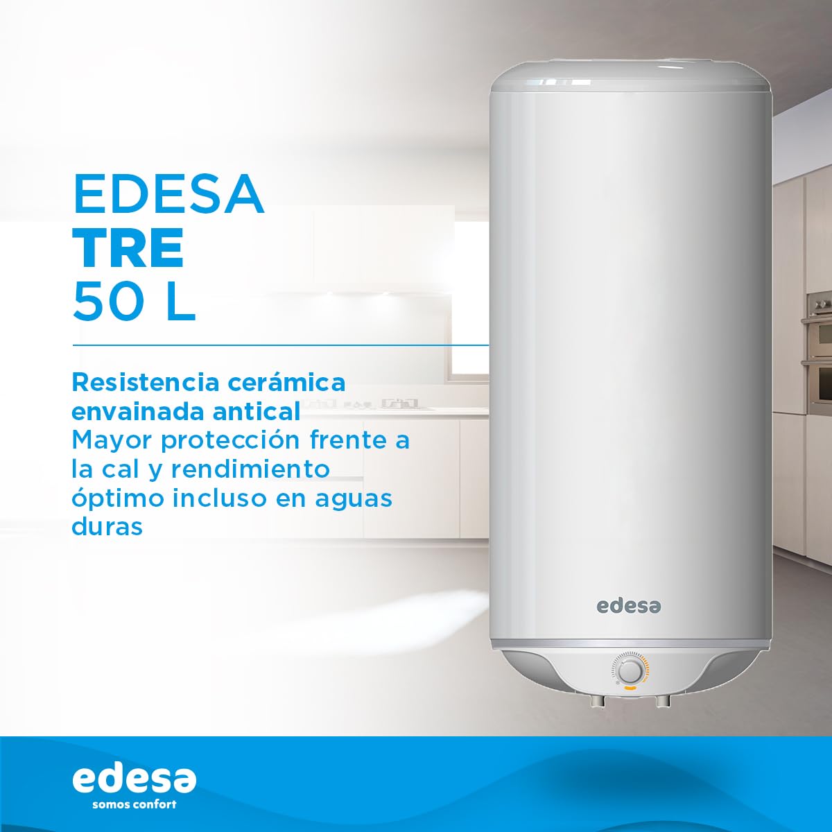 Edesa, Pionowy elektryczny podgrzewacz wody, Elektryczne Termo 50 Litrów,Regulacja zewnętrzna+Odporność Ceramiczna, 43,3x61,2x45,1cm-Wyprodukowano do instalacji w Hiszpanii(klasa energetyczna C)