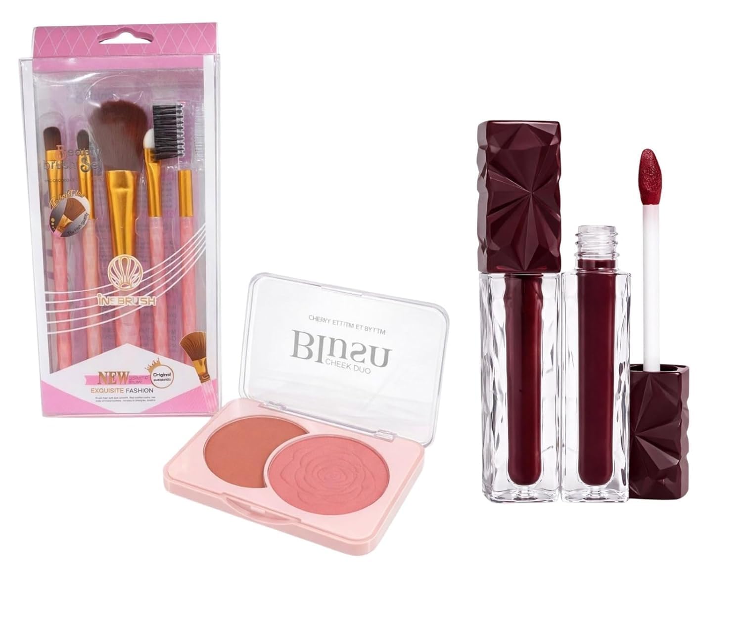 3-Piece Makeup Artistry Set – Dual-Tone Silk Blush Palette (Rose-Embossed Pink & Matte Peach), Luxury Diamond-Cut Velvet Matte Liquid Lipstick (Deep Berry) & 5-Piece Premium Pink Brush Set – Complete Face & Lip Kit-image-42