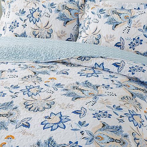 NEWLAKE Cotton Bedspread Quilt Sets-Reversible Patchwork Coverlet Set, Gorgeous Floral Pattern, King Size