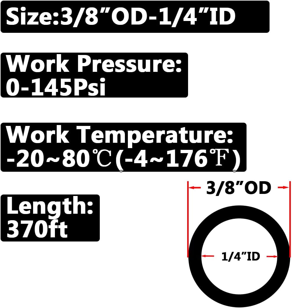 Pneumatic 3/8" OD Tubing 370Ft PU Air Tube Hose Pipe for Air Line or Water Transfer (Black)