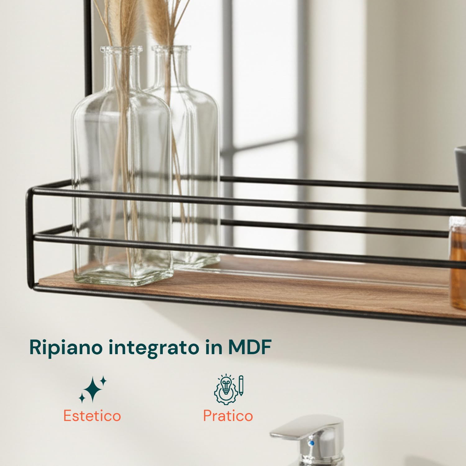 Avilia - Specchio da Parete 40x30x5cm Moderno con Cornice Nera e Ripiano in Legno - Specchio da Bagno con Mensola Portaoggetti Integrata - Design Elegante per Ingresso, Camera e Corridoio