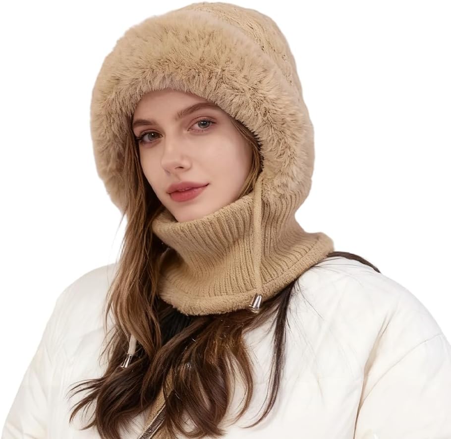 3 in 1 Beanie Hat for Women, Winter Balaclava Knitted Scarf Mask with Face Cover, Windproof Warm Hats for Cold Weather
