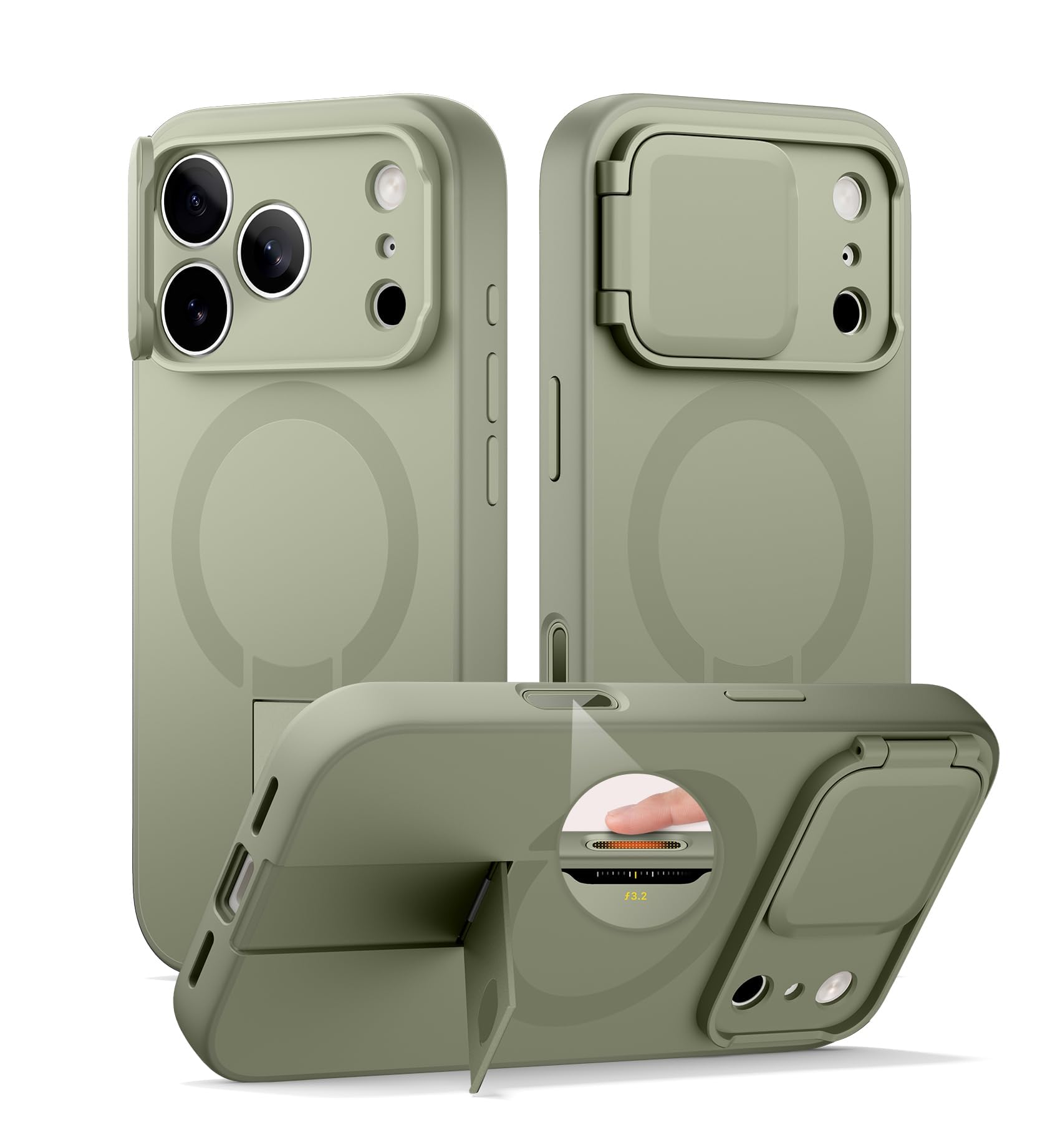 SURITCH for iPhone 17 Pro Case with Camera Control Cover, Camera Cover and Adjustable Kickstand, Compatible with MagSafe, Shockproof Bumper Protective Cases 6.3 Inch, Green