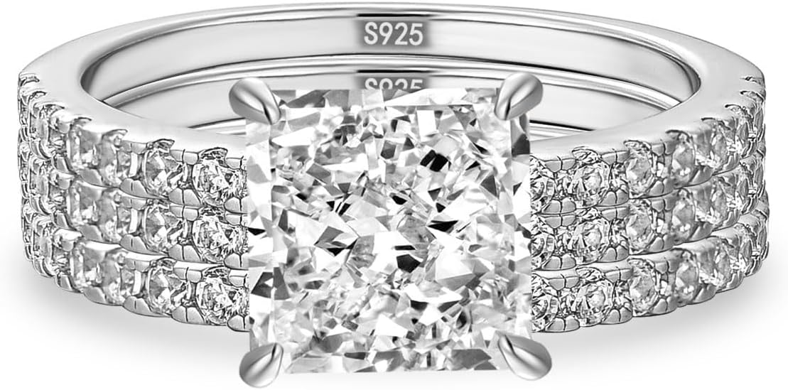2 Carat Princess Cut Engagement Ring Set,3 Piece 925 Sterling Silver Wedding Ring Set