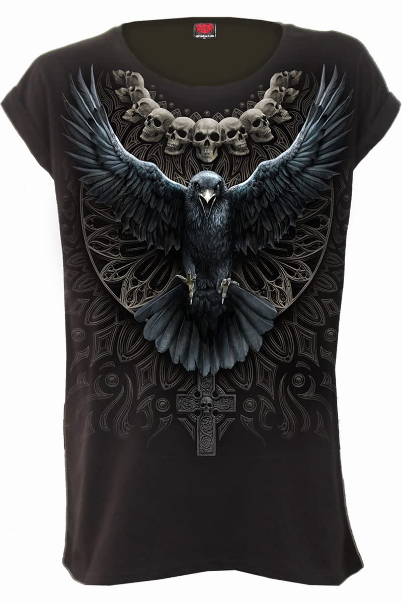 Spiral - Raven Skull - Turnup Sleeve Loosefit Tee - S Black