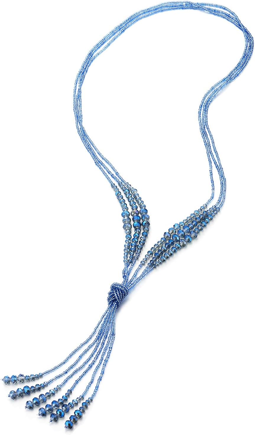 COOLSTEELANDBEYOND Boho Chic Lariat Necklace Tassel Pendant Pastel Blue Crystal Bead Three-strand Long Chain Y-Shape