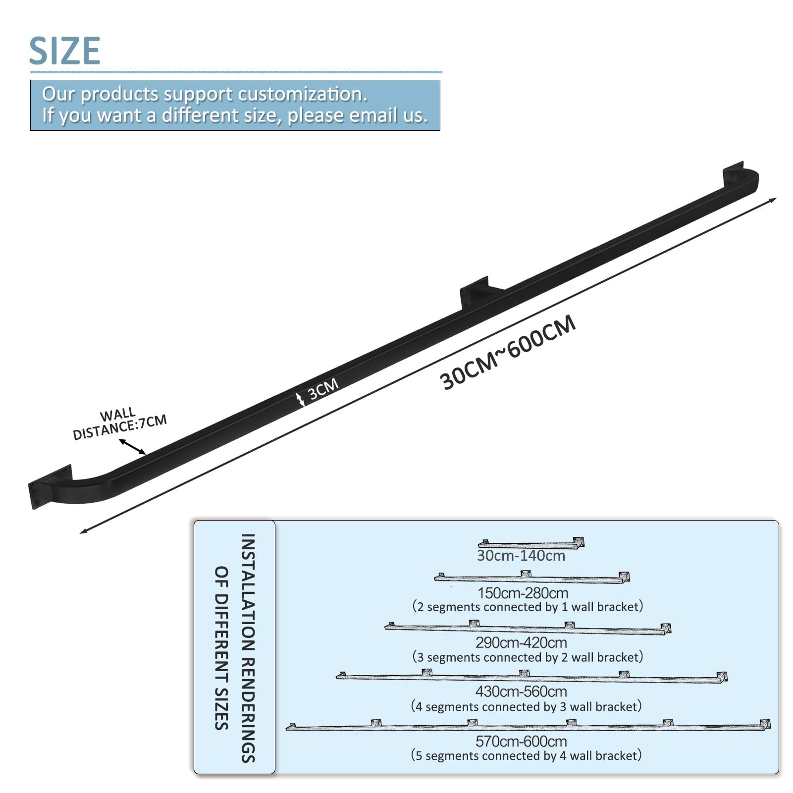 Kit de barandilla de acero inoxidable, tubo cuadrado negro, barandilla de escalera de 240 cm, con soportes de hierro, balaustrada de pared y soporte de riel de pie para escaleras