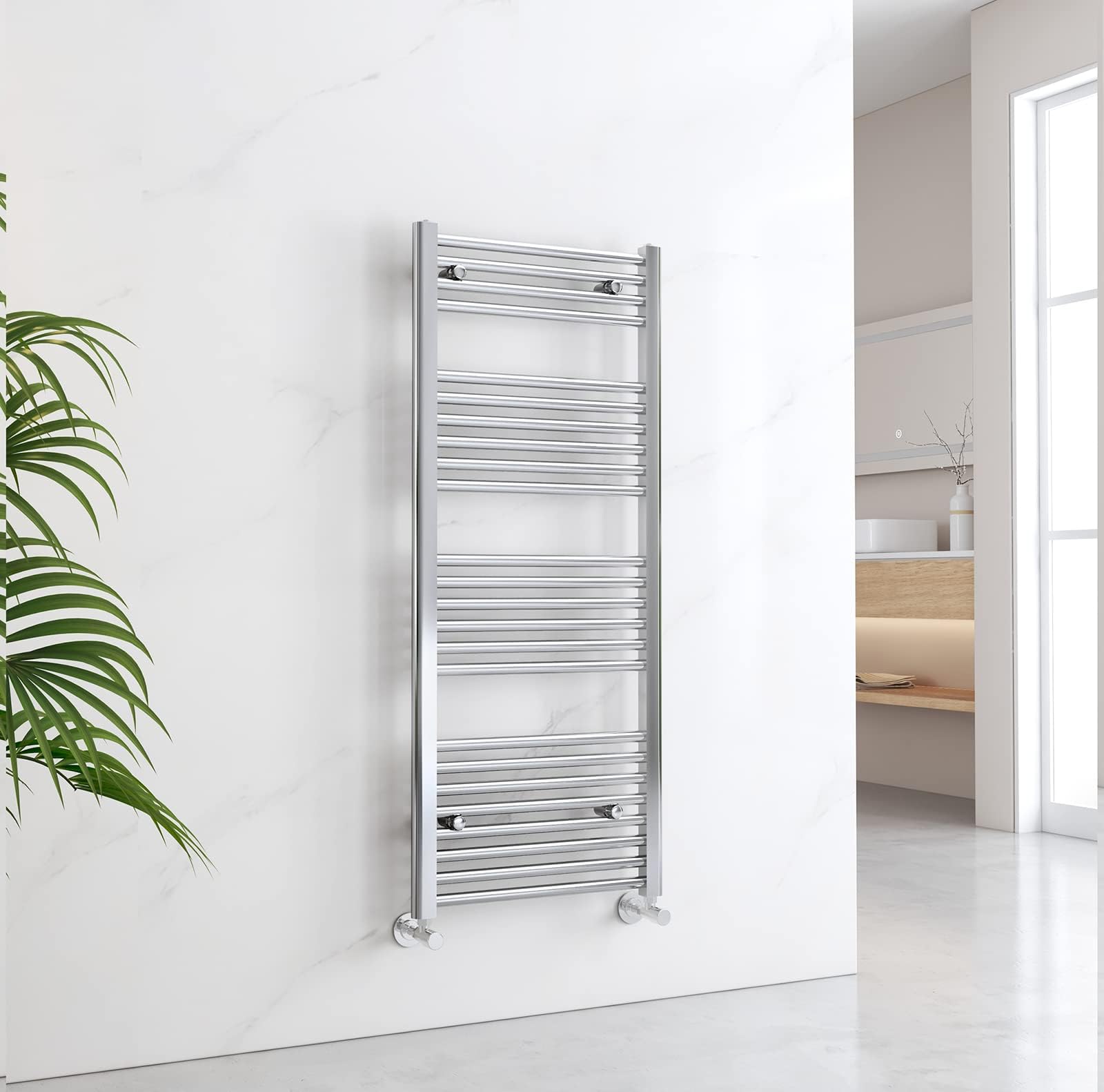EMKE Chrome Towel Rail, Modern Straight Heated Radiator 1200 x 500mm, Versatile Wall/Floor Mounted Bathroom Radiator