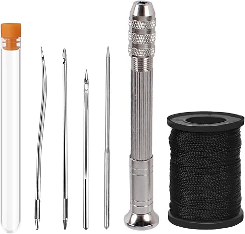 Bavane Stainless Steel Awl Shoe Repair Tool, 4 Needles Sewing Awl Hand Stitcher Shoe Repair Tool Kit with 50m Nylon Cord Thread for DIY Leather Craft (Repair Tool+Black Thread)