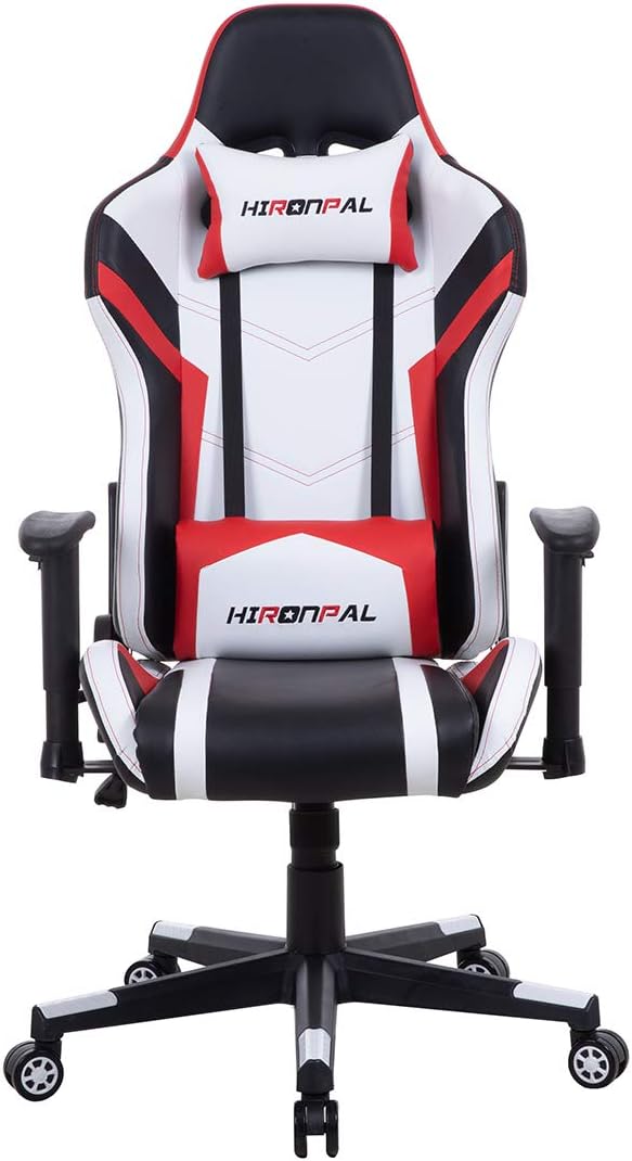 Hironpal Gaming Chair Home Office PC Desk Computer Racing Executive Chair, Ergonomic Swivel 180° Reclining Leather Chair Height Adjustable with Lumbar and Headrest Cushion 3D Armrest