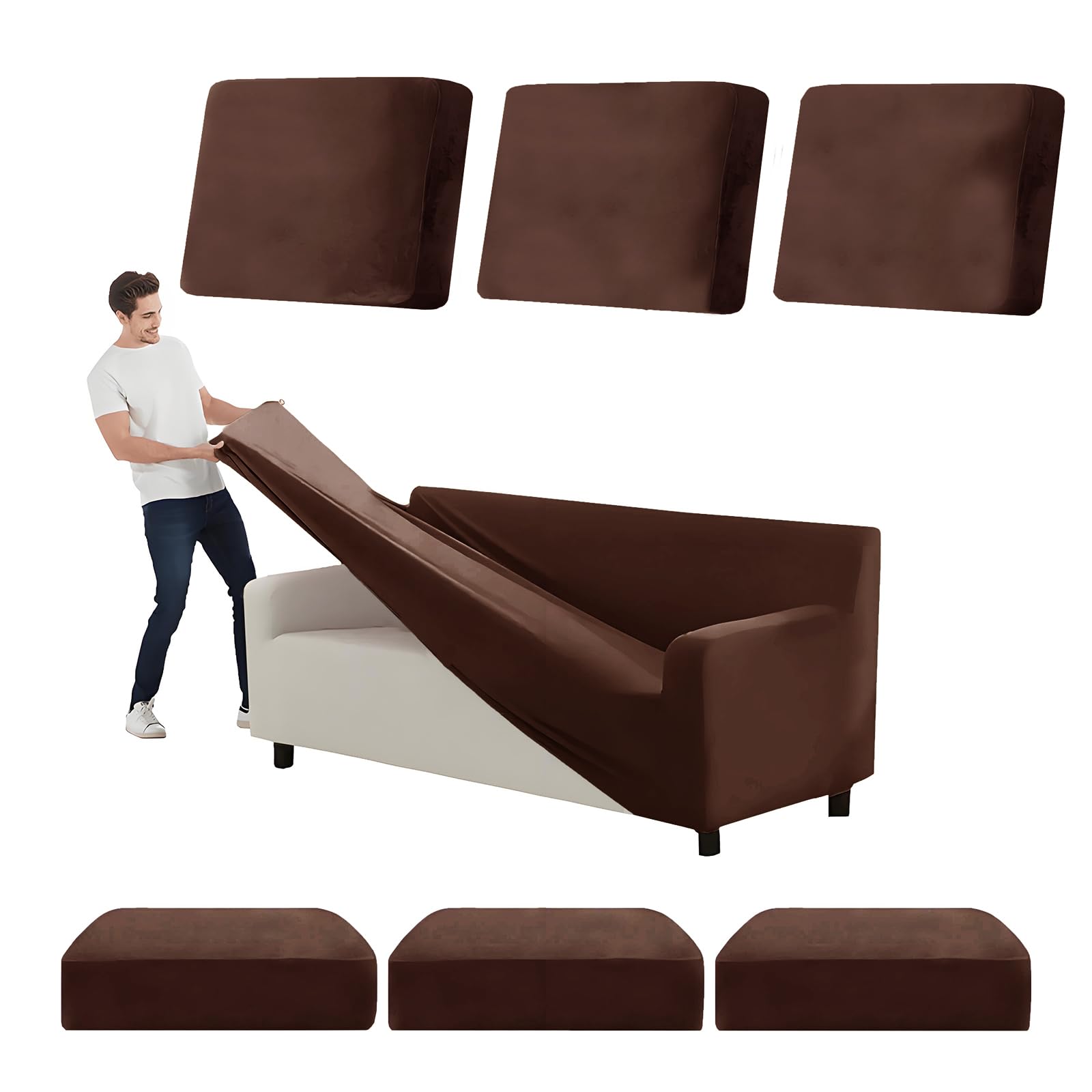 Aksamitny zestaw pokrowców na sofę premium, antypoślizgowe, 1-, 2, 3, 4-osobowa, dobrze dopasowane, z pokrowcami na siedzisko i oparcie, XL (235-300 cm), stylowy, czerwony, kawowy, 7 sztuk