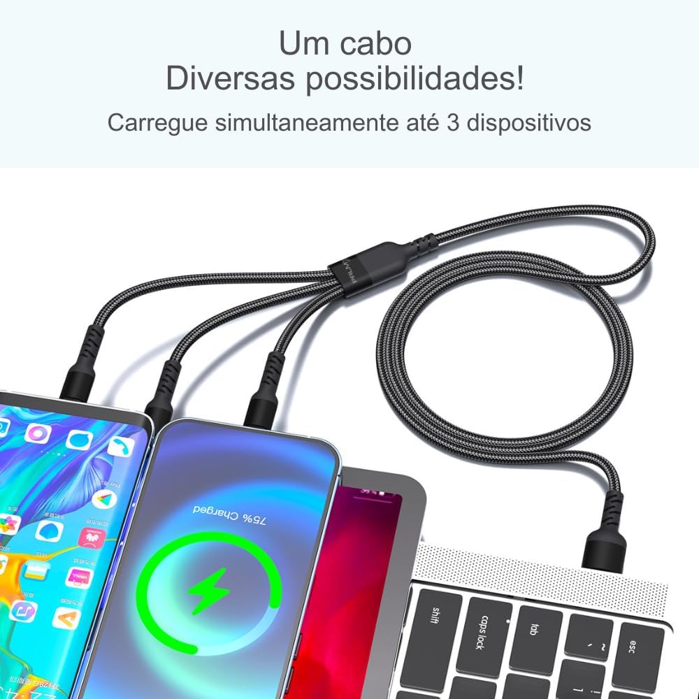 Cabo 3 em 1 Turbo 3.1A Reforçado para Recarga e Sincronização APPLE LIGHTNING + USB TIPO-C + MICRO USB 1,5M, Carregamento Rápido e Transferência de Dados (1) Cabo 3 em 1 Turbo 3.1A Reforçado para Recarga e Sincronização APPLE LIGHTNING + USB TIPO-C + MICRO USB 1,5M, Carregamento Rápido e Transferência de Dados (1)